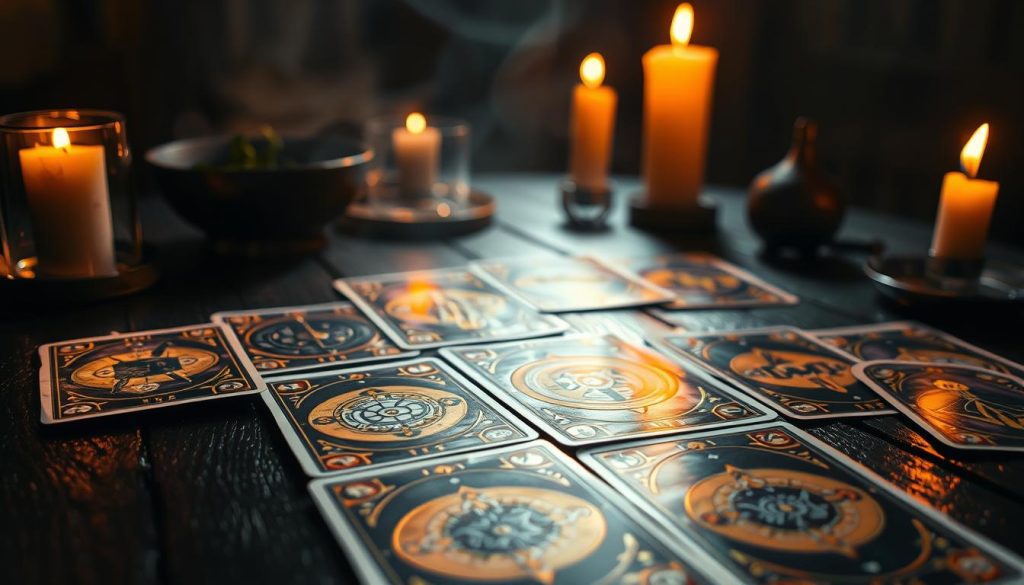Tarot cards laid out on a dark, mystical wooden table, illuminated by warm candlelight. The cards feature intricate, symbolic illustrations in shades of gold, purple, and indigo. The foreground is sharp and detailed, while the background fades into a hazy, atmospheric blur, creating a sense of contemplation and divination. The overall mood is one of ancient wisdom, intuition, and the exploration of the unknown. The lighting casts dramatic shadows, adding depth and a sense of mystery to the scene. Tarot cards laid out on a dark, mystical wooden table, illuminated by warm candlelight. The cards feature intricate, symbolic illustrations in shades of gold, purple, and indigo. The foreground is sharp and detailed, while the background fades into a hazy, atmospheric blur, creating a sense of contemplation and divination. The overall mood is one of ancient wisdom, intuition, and the exploration of the unknown. The lighting casts dramatic shadows, adding depth and a sense of mystery to the scene.