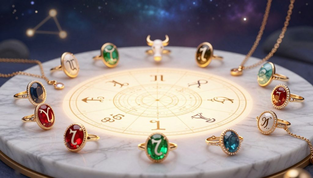 A beautifully arranged composition showcasing various zodiac signs represented through elegant jewelry pieces. In the foreground, a display of exquisite rings, necklaces, and bracelets designed for each zodiac sign, highlighting their unique traits—Aries with bold reds, Taurus with luxurious greens, and so on. The middle of the image features a softly glowing astrological chart against a marble surface, blending mystical elements with elegance. In the background, soft, ethereal lighting creates a dreamy atmosphere, resembling a cosmic night sky with subtle hints of stars and constellations. The overall mood is harmonious and enchanting, inviting viewers to explore the connection between astrology and personal adornment. Use a slightly blurred focus on the background, enhancing the clarity of the jewelry in the foreground. A beautifully arranged composition showcasing various zodiac signs represented through elegant jewelry pieces. In the foreground, a display of exquisite rings, necklaces, and bracelets designed for each zodiac sign, highlighting their unique traits—Aries with bold reds, Taurus with luxurious greens, and so on. The middle of the image features a softly glowing astrological chart against a marble surface, blending mystical elements with elegance. In the background, soft, ethereal lighting creates a dreamy atmosphere, resembling a cosmic night sky with subtle hints of stars and constellations. The overall mood is harmonious and enchanting, inviting viewers to explore the connection between astrology and personal adornment. Use a slightly blurred focus on the background, enhancing the clarity of the jewelry in the foreground.