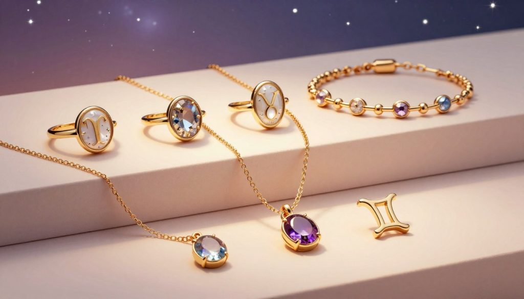 A beautifully arranged display of zodiac-themed jewelry pieces, featuring each sign's distinct characteristics. In the foreground, showcase a shimmering necklace adorned with birthstones representing Aries, Taurus, and Gemini, crafted in elegant gold settings. The middle layer presents rings and bracelets that reflect the unique traits of each zodiac sign, intertwining symbols like stars and constellations. In the background, a soft, celestial-themed gradient with subtle twinkling stars creates an enchanting atmosphere. The lighting is warm and inviting, casting gentle reflections on the jewelry surfaces, while the angle captures the intricate details of each piece. Aim for a serene and mystical mood that embodies the astrological connection to jewelry selection. A beautifully arranged display of zodiac-themed jewelry pieces, featuring each sign's distinct characteristics. In the foreground, showcase a shimmering necklace adorned with birthstones representing Aries, Taurus, and Gemini, crafted in elegant gold settings. The middle layer presents rings and bracelets that reflect the unique traits of each zodiac sign, intertwining symbols like stars and constellations. In the background, a soft, celestial-themed gradient with subtle twinkling stars creates an enchanting atmosphere. The lighting is warm and inviting, casting gentle reflections on the jewelry surfaces, while the angle captures the intricate details of each piece. Aim for a serene and mystical mood that embodies the astrological connection to jewelry selection.