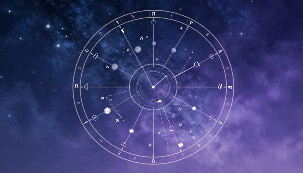 A beautifully detailed natal chart illustrating the astrological aspects of planets. In the foreground, a well-organized natal chart with planetary symbols, houses, and aspects represented by elegant lines connecting planets. The middle ground features a subtle celestial background filled with twinkling stars and a soft gradient of deep blues and purples, creating a cosmic ambiance. The background should have soft, ethereal clouds to enhance the mystical feeling. The lighting should be gentle and diffuse, as if the scene is illuminated by starlight, giving it a serene and contemplative atmosphere. The intended mood is one of introspection and discovery, inviting viewers to ponder the depths of their astrological influences without any text or graphics.