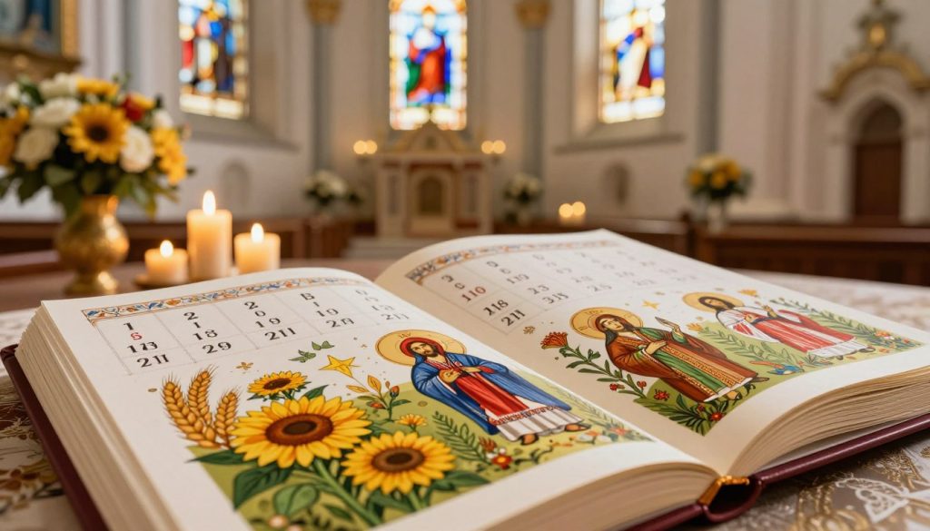 A beautifully illustrated church calendar showcasing significant religious holidays and folk traditions in Ukraine. In the foreground, intricately decorated pages of the calendar display vibrant illustrations of traditional Ukrainian symbols, such as sunflowers, wheat, and religious icons. In the middle ground, soft candles and floral arrangements create a warm, inviting atmosphere, symbolizing spirituality and celebration. The background features a light-filled Orthodox church interior with stained glass windows shining through, casting colorful reflections. The lighting is soft and golden, evoking a sense of reverence and tradition. Capture this scene from a slightly elevated angle to encompass both the details of the calendar and the serene church environment, creating a harmonious mood of celebration and reflection.