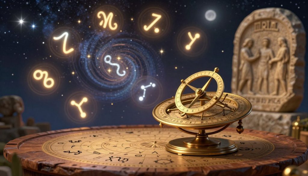 A beautifully illustrated depiction of the history of the zodiac system, featuring a celestial theme. In the foreground, a vintage astrolabe rests on a richly textured wooden table, adorned with intricate astrological symbols and constellations. The middle ground showcases a soft, glowing night sky filled with vibrant, swirling stars and zodiac symbols, each representing the twelve signs, illuminated in warm golds and silvers. The background features an ancient stone tablet with carvings of astrological figures, subtly lit by moonlight, creating a sense of timelessness. The atmosphere is mystical yet scholarly, evoking a sense of wonder and curiosity about astrological history. Overall, the image should have a warm, inviting glow with soft focus edges, emphasizing the ethereal connection between humanity and the stars. A beautifully illustrated depiction of the history of the zodiac system, featuring a celestial theme. In the foreground, a vintage astrolabe rests on a richly textured wooden table, adorned with intricate astrological symbols and constellations. The middle ground showcases a soft, glowing night sky filled with vibrant, swirling stars and zodiac symbols, each representing the twelve signs, illuminated in warm golds and silvers. The background features an ancient stone tablet with carvings of astrological figures, subtly lit by moonlight, creating a sense of timelessness. The atmosphere is mystical yet scholarly, evoking a sense of wonder and curiosity about astrological history. Overall, the image should have a warm, inviting glow with soft focus edges, emphasizing the ethereal connection between humanity and the stars.
