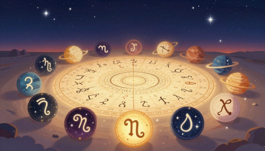 A beautifully illustrated representation of the history and evolution of the zodiac system. In the foreground, display intricately designed zodiac symbols, each one surrounded by celestial elements like stars and planets. In the middle ground, depict an ancient astrological chart filled with astrological signs and their corresponding dates, elegantly illuminated by soft, ethereal light. The background should showcase a starry night sky transitioning into a dawn, symbolizing the passage of time and knowledge. Use a wide-angle perspective to capture the grandeur of the scene, with a warm and mystical atmosphere, evoking a sense of wonder and curiosity about the zodiac's rich history. A beautifully illustrated representation of the history and evolution of the zodiac system. In the foreground, display intricately designed zodiac symbols, each one surrounded by celestial elements like stars and planets. In the middle ground, depict an ancient astrological chart filled with astrological signs and their corresponding dates, elegantly illuminated by soft, ethereal light. The background should showcase a starry night sky transitioning into a dawn, symbolizing the passage of time and knowledge. Use a wide-angle perspective to capture the grandeur of the scene, with a warm and mystical atmosphere, evoking a sense of wonder and curiosity about the zodiac's rich history.