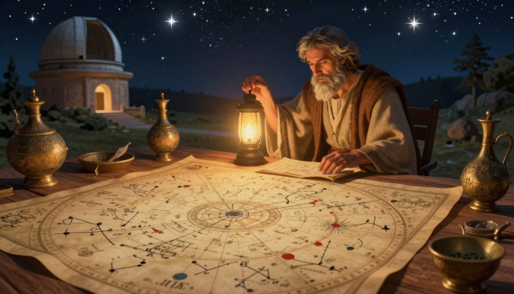 A beautifully illustrated scene depicting the historical roots and development of astrology, showcasing an ancient star map as the foreground element, intricately detailed with celestial symbols and constellations. In the middle ground, place a wise scholar, dressed in modest robes, studying the celestial map under a softly glowing lantern, signifying enlightenment. The background features a night sky filled with twinkling stars, an ancient observatory, and illustrations of astrological artifacts scattered on a wooden table. The lighting is warm and inviting, casting gentle shadows, while the atmosphere conveys a sense of wonder and curiosity about the cosmos. Capture this moment from a slightly elevated angle to emphasize the depth of the scene, creating a harmonious blend of history and mystique.