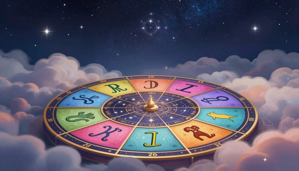 A beautifully illustrated Zodiac wheel featuring all twelve signs of the zodiac, each represented by its unique symbol and vibrant colors. In the foreground, the signs are arranged in a circular pattern, with intricate astrological motifs woven around them, such as stars and celestial elements. The middle ground showcases soft, ethereal cloud-like formations, enhancing the mystical theme. In the background, a starry night sky with twinkling stars adds depth and wonder to the scene. Dim, enchanting lighting creates a serene and contemplative atmosphere, inviting viewers to connect with their astrological sign. The composition should be harmonious and visually engaging, capturing the essence of the Zodiac's significance and allure. A beautifully illustrated Zodiac wheel featuring all twelve signs of the zodiac, each represented by its unique symbol and vibrant colors. In the foreground, the signs are arranged in a circular pattern, with intricate astrological motifs woven around them, such as stars and celestial elements. The middle ground showcases soft, ethereal cloud-like formations, enhancing the mystical theme. In the background, a starry night sky with twinkling stars adds depth and wonder to the scene. Dim, enchanting lighting creates a serene and contemplative atmosphere, inviting viewers to connect with their astrological sign. The composition should be harmonious and visually engaging, capturing the essence of the Zodiac's significance and allure.