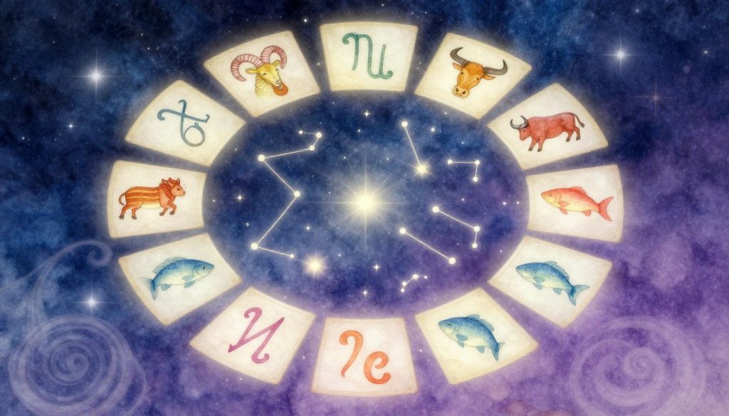 A beautifully intricate design featuring the astrological symbols of the twelve zodiac signs, arranged in a circular pattern. Each symbol is artistically represented with traditional motifs and colors associated with each sign, such as Aries' ram, Taurus' bull, and Pisces' fish. In the foreground, delicate watercolor swirls symbolize the connection of the cosmos with these signs. The middle layer showcases celestial elements like stars and constellations, softly illuminated by an ethereal glow. The background is a night sky gradient, transitioning from deep blue to twilight purple, filled with subtle twinkling stars. The overall mood should be mystical and calming, evoking a sense of wonder and intrigue. Soft lighting enhances the ethereal quality, creating a dreamy atmosphere that reflects the themes of astrology and tradition. A beautifully intricate design featuring the astrological symbols of the twelve zodiac signs, arranged in a circular pattern. Each symbol is artistically represented with traditional motifs and colors associated with each sign, such as Aries' ram, Taurus' bull, and Pisces' fish. In the foreground, delicate watercolor swirls symbolize the connection of the cosmos with these signs. The middle layer showcases celestial elements like stars and constellations, softly illuminated by an ethereal glow. The background is a night sky gradient, transitioning from deep blue to twilight purple, filled with subtle twinkling stars. The overall mood should be mystical and calming, evoking a sense of wonder and intrigue. Soft lighting enhances the ethereal quality, creating a dreamy atmosphere that reflects the themes of astrology and tradition.