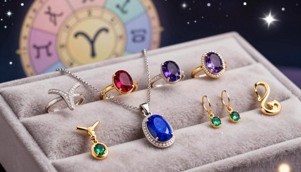 A captivating arrangement of zodiac-themed jewelry pieces, showcasing elegant rings, necklaces, and bracelets adorned with sparkling gemstones that correspond to each zodiac sign. The foreground features a beautifully crafted silver necklace with a deep blue lapis lazuli pendant, symbolizing Sagittarius, surrounded by delicate gold earrings with emerald accents for Taurus. In the middle, a velvet display showcases an assortment of zodiac rings, each uniquely designed with their respective stones, like ruby for Aries and amethyst for Pisces. The background incorporates subtle hints of the zodiac wheel painted in soft pastels, with twinkling stars scattered across a dark, cosmic backdrop. The scene is illuminated with soft, warm lighting, creating a luxurious and enchanting atmosphere, captured at a slight angle to emphasize the intricate details of each piece. A captivating arrangement of zodiac-themed jewelry pieces, showcasing elegant rings, necklaces, and bracelets adorned with sparkling gemstones that correspond to each zodiac sign. The foreground features a beautifully crafted silver necklace with a deep blue lapis lazuli pendant, symbolizing Sagittarius, surrounded by delicate gold earrings with emerald accents for Taurus. In the middle, a velvet display showcases an assortment of zodiac rings, each uniquely designed with their respective stones, like ruby for Aries and amethyst for Pisces. The background incorporates subtle hints of the zodiac wheel painted in soft pastels, with twinkling stars scattered across a dark, cosmic backdrop. The scene is illuminated with soft, warm lighting, creating a luxurious and enchanting atmosphere, captured at a slight angle to emphasize the intricate details of each piece.