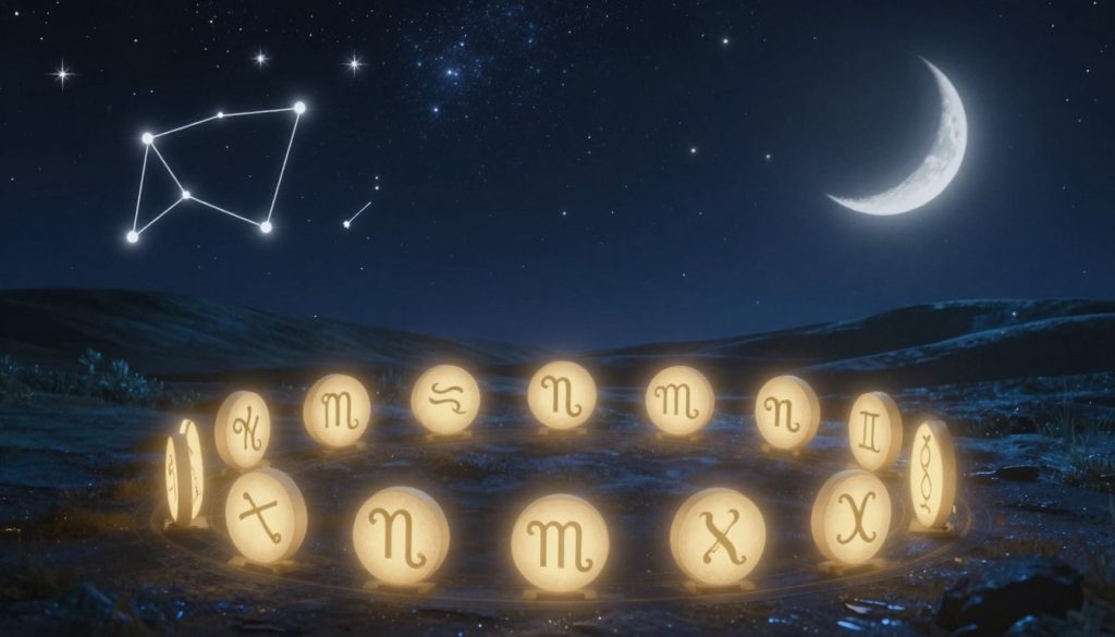 A captivating astrological scene depicting symbols of the twelve zodiac signs in a harmonious celestial setting. In the foreground, the zodiac symbols are artistically arranged in a circular formation, glowing with soft golden light. The middle section features a mystical night sky filled with twinkling stars, with constellations subtly outlined. The background showcases a serene landscape, perhaps rolling hills or gentle waves, under a crescent moon casting a soothing silvery glow. The atmosphere is tranquil yet intriguing, inviting contemplation and curiosity about the zodiac's mysteries. The lighting is ethereal, emphasizing the connection between the celestial and earthly realms while maintaining clarity and focus on the zodiac symbols, with no text or additional distractions present.