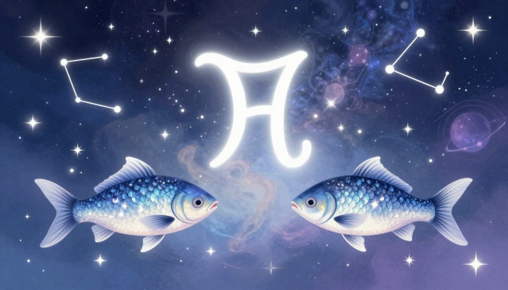A captivating astrology-themed illustration featuring the zodiac sign of Pisces, symbolizing individuals born on February 20. In the foreground, two elegant fish swimming gracefully in opposite directions, surrounded by shimmering stars and celestial elements that reference planetary influences. The middle layer showcases a soft, ethereal glow, symbolizing intuition and creativity, with hints of cosmic energy radiating from the sign. In the background, a night sky filled with a multitude of stars and constellations, creating a sense of depth and wonder. The lighting is soft and enchanted, casting a tranquil atmosphere, while the color palette includes soothing blues, purples, and silver highlights. Overall, the mood is mystical and serene, evoking a sense of connection to the universe and astrological wisdom.
