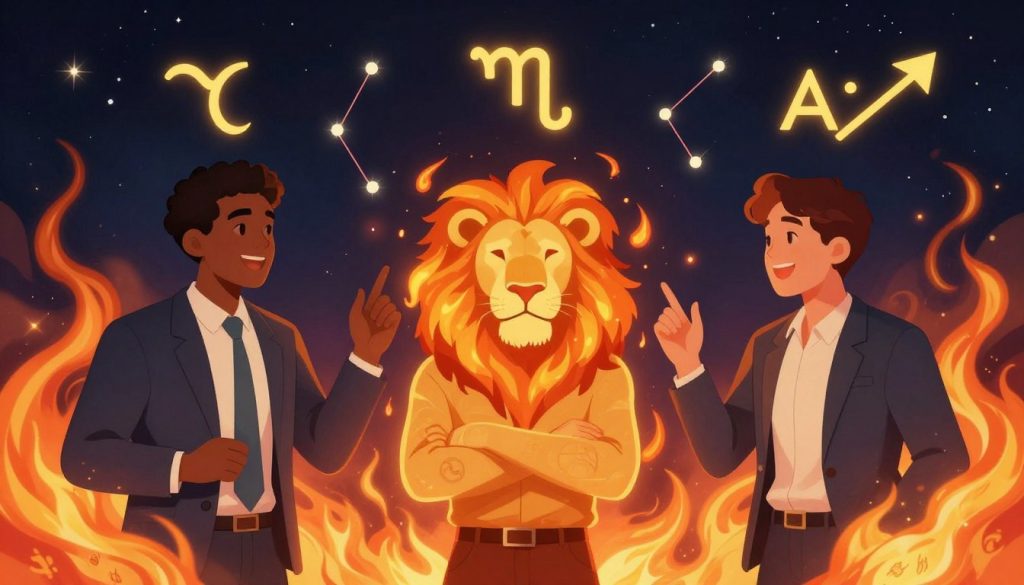 A captivating illustration depicting the compatibility of fire zodiac signs: Aries, Leo, and Sagittarius, in an engaging and harmonious setting. In the foreground, three diverse individuals, each representing one of the zodiac signs, interact joyfully; they are dressed in professional business attire. In the middle, vibrant flames swirl around them, symbolizing passion and energy, while subtle astrological symbols are faintly embedded within the flames. The background features a starlit night sky with constellations representing the fire signs sparkling brightly, creating a mystical atmosphere. The lighting is warm and inviting, casting soft glows on the characters, enhancing the sense of connection and camaraderie among them. The overall mood is spirited and uplifting, embodying the dynamic relationships inherent to fire zodiac signs.