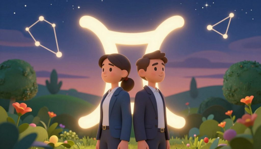 A celestial representation of the Gemini zodiac sign, featuring the symbol of twins intertwined. In the foreground, two stylized figures representing the duality of Gemini, dressed in professional business attire, stand back-to-back, gazing outward with confident expressions. The middle ground includes lush green foliage and vibrant flowers, symbolizing adaptability and curiosity. The background showcases a twilight sky filled with stars and constellations, highlighting the Gemini constellation. The lighting is soft, with a warm glow emanating from the figures to create a friendly and inviting atmosphere. The angle is slightly elevated, offering a panoramic view of the scene, emphasizing the harmony between the characters and their surroundings. The overall mood should be playful yet sophisticated, capturing the essence of Gemini traits. A celestial representation of the Gemini zodiac sign, featuring the symbol of twins intertwined. In the foreground, two stylized figures representing the duality of Gemini, dressed in professional business attire, stand back-to-back, gazing outward with confident expressions. The middle ground includes lush green foliage and vibrant flowers, symbolizing adaptability and curiosity. The background showcases a twilight sky filled with stars and constellations, highlighting the Gemini constellation. The lighting is soft, with a warm glow emanating from the figures to create a friendly and inviting atmosphere. The angle is slightly elevated, offering a panoramic view of the scene, emphasizing the harmony between the characters and their surroundings. The overall mood should be playful yet sophisticated, capturing the essence of Gemini traits.