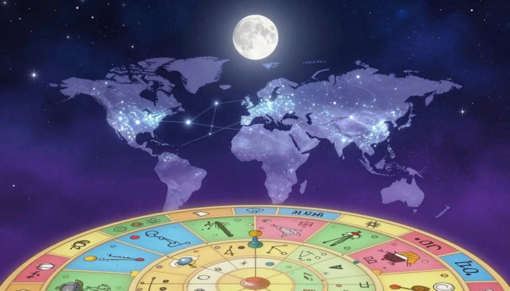 A celestial scene showcasing the influence of astrology on global events, with a vibrant zodiac wheel prominently displayed in the foreground, filled with colorful signs and symbols. In the middle ground, visualize a world map illuminated by sparkling constellations and planetary alignments that flow harmoniously across its surface. The background features a starry night sky, deep blue and purple hues merging to create a mystical atmosphere, with a bright full moon casting gentle light over the entire scene. Use soft lighting and a slight lens flare effect to create an ethereal quality. The overall mood should feel insightful and reflective, inviting the viewer to contemplate the connection between astrology and world events in a serene, harmonious setting. No text or labels present. A celestial scene showcasing the influence of astrology on global events, with a vibrant zodiac wheel prominently displayed in the foreground, filled with colorful signs and symbols. In the middle ground, visualize a world map illuminated by sparkling constellations and planetary alignments that flow harmoniously across its surface. The background features a starry night sky, deep blue and purple hues merging to create a mystical atmosphere, with a bright full moon casting gentle light over the entire scene. Use soft lighting and a slight lens flare effect to create an ethereal quality. The overall mood should feel insightful and reflective, inviting the viewer to contemplate the connection between astrology and world events in a serene, harmonious setting. No text or labels present.