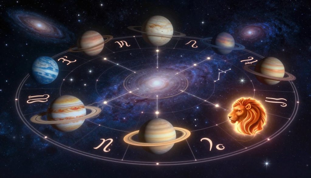 A celestial scene showcasing the influence of planets on astrology, featuring the zodiac signs prominently arranged in a circular pattern. In the foreground, vibrant representations of planets like Jupiter, Saturn, and Mars, each surrounded by ethereal glow and energy trails, connect visually to their corresponding zodiac signs. The middle layer includes a shimmering night sky filled with twinkling stars, suggesting astrological significance, with constellations subtly illuminated. In the background, a tranquil cosmic landscape, featuring distant galaxies and nebulae, adds depth. The lighting should be soft yet mystical, casting a dreamy atmosphere over the entire composition. The mood is contemplative and insightful, inviting viewers to ponder the cosmic connections in their lives, without any text or distractions. A celestial scene showcasing the influence of planets on astrology, featuring the zodiac signs prominently arranged in a circular pattern. In the foreground, vibrant representations of planets like Jupiter, Saturn, and Mars, each surrounded by ethereal glow and energy trails, connect visually to their corresponding zodiac signs. The middle layer includes a shimmering night sky filled with twinkling stars, suggesting astrological significance, with constellations subtly illuminated. In the background, a tranquil cosmic landscape, featuring distant galaxies and nebulae, adds depth. The lighting should be soft yet mystical, casting a dreamy atmosphere over the entire composition. The mood is contemplative and insightful, inviting viewers to ponder the cosmic connections in their lives, without any text or distractions.