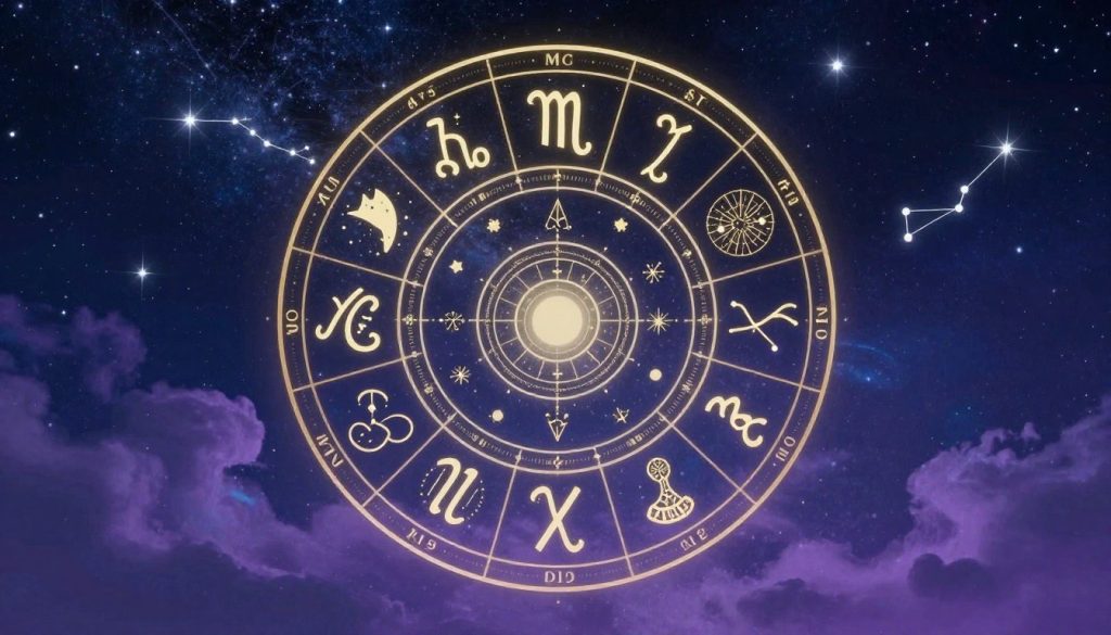 A celestial theme illustrating today's horoscope for all zodiac signs, centrally featuring the twelve zodiac symbols intricately designed with astrological motifs. In the foreground, a large, ornate astrological wheel adorned with symbols for each sign. The middle ground showcases a beautifully starry night sky, sprinkled with twinkling stars and constellations, creating a mystical atmosphere. In the background, gentle cosmic clouds swirl in soft hues of violet and blue, enhancing the heavenly feel. The lighting should be ethereal, with a soft, moonlit glow illuminating the symbols. The overall mood is calm and reflective, inviting viewers to connect with the cosmic energy of the day. The composition should be balanced and harmonious, engaging the viewer's curiosity about astrology.