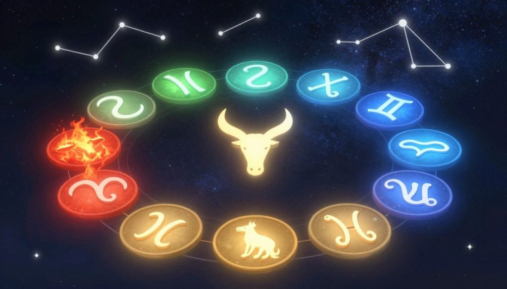 A detailed and artistic representation of the zodiac signs, showcasing each sign's unique characteristics and symbolism. In the foreground, illustrate the twelve zodiac symbols beautifully arranged in a circular pattern, with each symbol intricately designed to reflect its traits. The middle ground should display vivid bursts of color corresponding to each sign—fiery reds for Aries, earthy greens for Taurus, airy blues for Gemini, and so on. The background should feature a starry night sky with constellations connected to each zodiac sign, creating a mystical atmosphere. Use soft, ethereal lighting to enhance the mood, while maintaining clarity in the signs’ representations. The overall composition should evoke a sense of wonder and connection to the cosmos, inviting viewers to explore the traits and symbolism of each zodiac sign. A detailed and artistic representation of the zodiac signs, showcasing each sign's unique characteristics and symbolism. In the foreground, illustrate the twelve zodiac symbols beautifully arranged in a circular pattern, with each symbol intricately designed to reflect its traits. The middle ground should display vivid bursts of color corresponding to each sign—fiery reds for Aries, earthy greens for Taurus, airy blues for Gemini, and so on. The background should feature a starry night sky with constellations connected to each zodiac sign, creating a mystical atmosphere. Use soft, ethereal lighting to enhance the mood, while maintaining clarity in the signs’ representations. The overall composition should evoke a sense of wonder and connection to the cosmos, inviting viewers to explore the traits and symbolism of each zodiac sign.