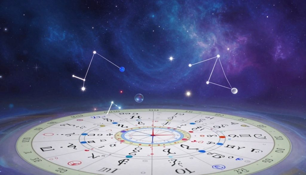 A detailed and visually rich astrological birth chart among soft, swirling cosmic imagery. In the foreground, an intricately designed natal chart featuring clear zodiac signs and planetary positions, with precise astrological symbols. The middle ground showcases delicate star constellations and luminescent celestial bodies, illuminating the chart with a subtle glow. In the background, a gradient of deep blues and purples creates a mystical, starry sky, evoking a sense of the universe's vastness. Soft, ethereal lighting casts gentle shadows, enhancing the depth of the image. The atmosphere is peaceful yet intriguing, inviting viewers to contemplate the complexities of astrological analysis. The scene is devoid of any text, ensuring a clean presentation suitable for an article on natal charts.