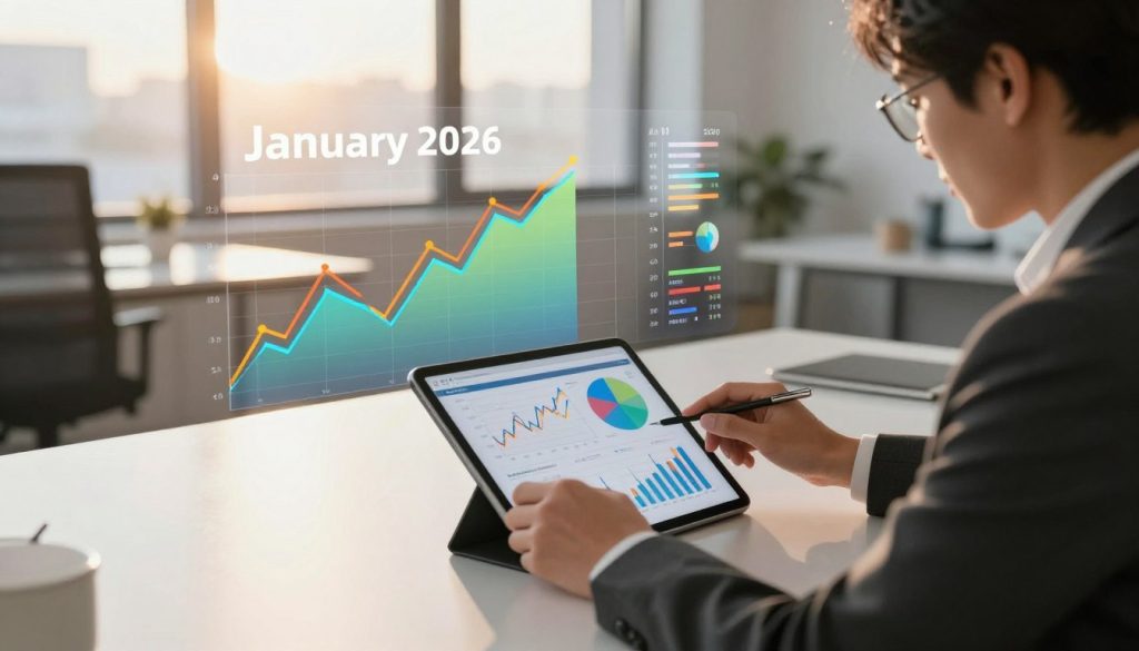 A detailed financial forecast illustration for the astrological sign Cancer for January 2026. In the foreground, a professional-looking individual in business attire sits at a sleek modern desk, analyzing charts and graphs on a high-resolution tablet. The middle layer features colorful, vibrant financial charts that depict rising and falling trends, symbolizing the fluctuating nature of finances. In the background, a serene office environment with large windows allowing warm, soft sunlight to illuminate the space, casting gentle shadows. The overall mood is optimistic yet contemplative, evoking a sense of insight and planning for the future. The angle is slightly tilted, focusing on the individual while capturing the dynamic elements of the financial data.