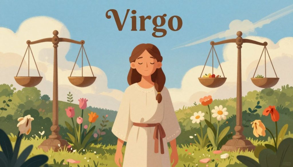 A detailed illustration capturing the essence of the Virgo zodiac sign, emphasizing both strengths and weaknesses. In the foreground, a serene figure representing Virgo, dressed in modest, elegant attire, stands confidently, symbolizing attributes like organization and analytical thinking. Surrounding the figure, balanced scales depict strengths like practicality and attention to detail, contrasted with softer elements like wilted flowers representing challenges such as over-criticism. In the middle ground, a lush garden embodies growth and nurturing qualities, with vibrantly blooming plants symbolizing positive traits. In the background, a clear blue sky signifies optimism, while wispy clouds hint at hidden insecurities. The lighting should be warm and inviting, enhancing the calm yet introspective atmosphere, with a focus on gentle shadows and soft highlights, creating a harmonious blend of hope and realism.