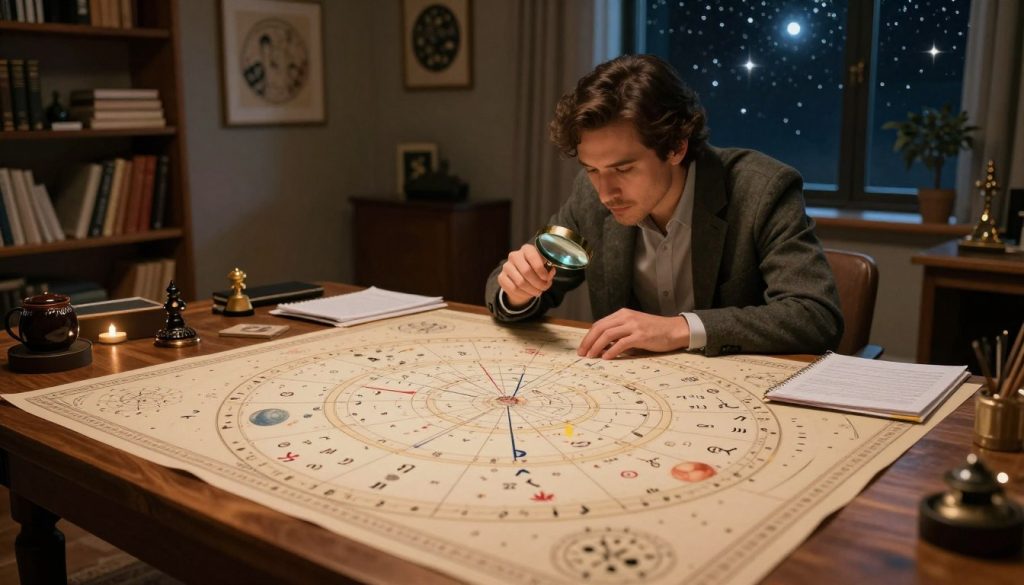 A detailed natal chart interpretation scene featuring an astrological chart prominently displayed on a large, elegantly designed wooden table in the foreground. The chart should include intricate symbols for planets, zodiac signs, and aspects, illuminated by soft, warm lighting that creates an inviting atmosphere. In the middle ground, a professional astrologer, dressed in smart casual attire, is thoughtfully analyzing the chart with a magnifying glass, surrounded by notes and star maps. In the background, a cozy, dimly lit room filled with bookshelves, astrological art, and a large window revealing a night sky full of stars. The mood is insightful and contemplative, inviting viewers to engage with the complexities of astrology.