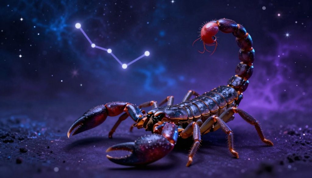 A detailed representation of the astrological sign Scorpio. In the foreground, a majestic scorpion is prominently displayed, its pincers raised, symbolizing strength and resilience. The middle ground features a celestial background with deep, vivid shades of dark blue and purple, adorned with stars to evoke a mystical feeling. Subtle hints of a constellation can be seen weaving through the night sky, specifically highlighting the Scorpio constellation. Soft, ethereal lighting illuminates the scorpion, creating a sense of depth and intrigue. The atmosphere should be mysterious yet captivating, reflecting the intensity and complexity of the Scorpio personality. No text or additional elements should be present, ensuring a clean and focused visual experience. A detailed representation of the astrological sign Scorpio. In the foreground, a majestic scorpion is prominently displayed, its pincers raised, symbolizing strength and resilience. The middle ground features a celestial background with deep, vivid shades of dark blue and purple, adorned with stars to evoke a mystical feeling. Subtle hints of a constellation can be seen weaving through the night sky, specifically highlighting the Scorpio constellation. Soft, ethereal lighting illuminates the scorpion, creating a sense of depth and intrigue. The atmosphere should be mysterious yet captivating, reflecting the intensity and complexity of the Scorpio personality. No text or additional elements should be present, ensuring a clean and focused visual experience.