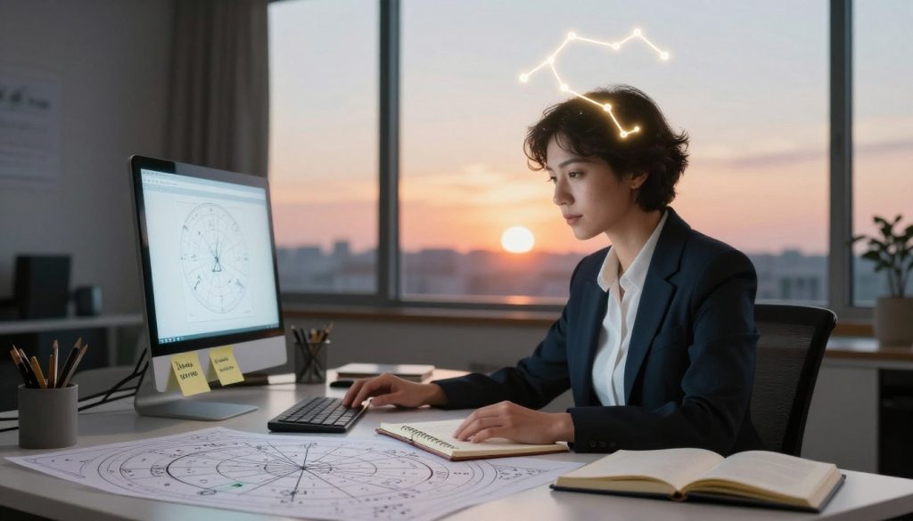 A focused Scorpio figure in professional attire, sitting at a desk surrounded by astrological charts and notebooks. The foreground features the Scorpio constellation illuminated softly above the figure's head, casting a calming glow. In the middle, a serene workspace with focused elements like a glowing computer screen and motivational quotes written on sticky notes. The background includes a large window showing a beautiful sunrise, symbolizing positivity and new beginnings. Soft, warm lighting enhances the atmosphere, creating a sense of calm and concentration. The overall mood should reflect careful consideration and a strong focus on positive action, inviting viewers to feel inspired and motivated.