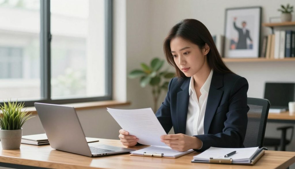 A focused woman in her early 30s, dressed in smart business attire, enthusiastically examining documents on her desk in a bright, modern office. The foreground features a sleek wooden desk with a laptop, notebooks, and a potted plant, symbolizing productivity and organization. In the middle, a large window lets in warm natural light, illuminating her thoughtful expression as she contemplates her career path. The background includes a cozy workspace with bookshelves filled with inspirational literature and art depicting success and efficiency. The mood is empowering and motivational, emphasizing diligence and a strong work ethic, captured in a clean, professional style with a soft focus lens to highlight the subject.