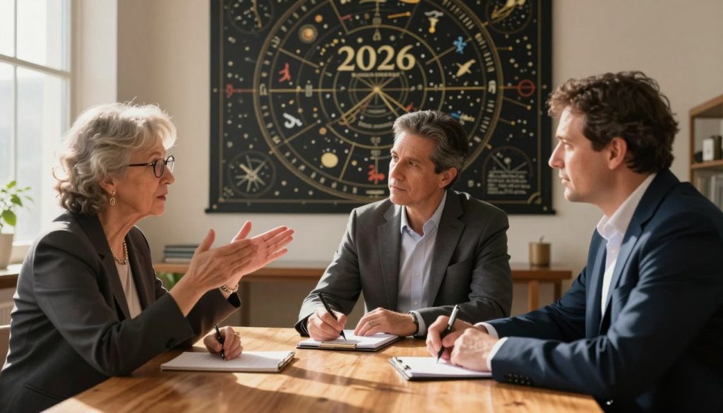 A group of three expert astrologers, seated around a polished wooden table, engaged in a thoughtful discussion about the astrological predictions for 2026. In the foreground, an elderly woman with glasses, dressed in a smart business suit, gestures animatedly, while a middle-aged man in a sharp blazer listens intently, jotting down notes on a notepad. In the background, a large astrology chart is displayed on a wall, adorned with celestial symbols and signs, softly illuminated by warm, ambient lighting. Sunlight filters through a nearby window, casting a serene glow over the scene. The atmosphere conveys a sense of professionalism and curiosity, reflecting deep insights into astrology as they explore future trends. A group of three expert astrologers, seated around a polished wooden table, engaged in a thoughtful discussion about the astrological predictions for 2026. In the foreground, an elderly woman with glasses, dressed in a smart business suit, gestures animatedly, while a middle-aged man in a sharp blazer listens intently, jotting down notes on a notepad. In the background, a large astrology chart is displayed on a wall, adorned with celestial symbols and signs, softly illuminated by warm, ambient lighting. Sunlight filters through a nearby window, casting a serene glow over the scene. The atmosphere conveys a sense of professionalism and curiosity, reflecting deep insights into astrology as they explore future trends.