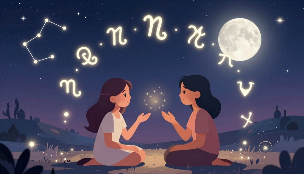 A harmonious scene depicting the theme of love and compatibility in astrology, centered around the zodiac signs. In the foreground, two stylized representations of a Scorpio and its compatible sign, perhaps a Pisces, are engaged in a serene conversation under a starry sky filled with twinkling constellations. The middle ground features zodiac symbols and celestial elements intertwined with soft, glowing lights, creating a sense of intimacy and connection. In the background, a tranquil night landscape with gentle hilltops and a full moon casts a silver glow, enhancing the romantic atmosphere. The scene is softly illuminated, conveying warmth and understanding, with a focus on harmony and unity between the signs. The composition should evoke feelings of love and compatibility, perfect for an astrological theme.