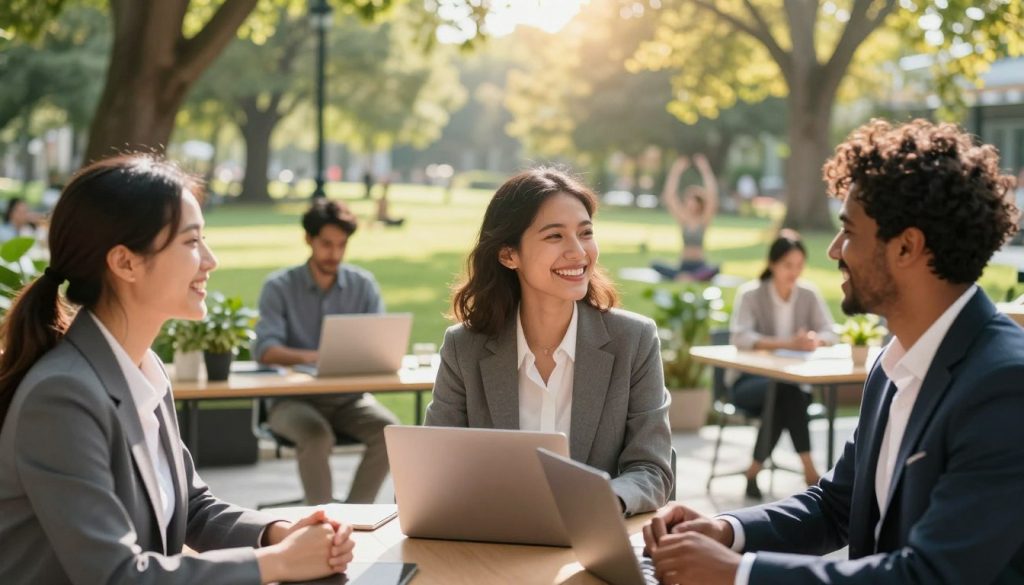 A harmonious scene representing the spheres of life: love, work, and health in a vibrant and uplifting style. In the foreground, a diverse group of three individuals, dressed in professional business attire, are engaged in joyful conversation, symbolizing love and connection. The middle ground features an office setting with modern design elements, indicating the work sphere, including laptops and plants for a lively atmosphere. In the background, a serene park with sunlight filtering through trees symbolizes health and well-being, with people practicing yoga and enjoying nature. The overall lighting is warm and inviting, capturing a bright afternoon, with a soft focus on the background to emphasize the foreground subjects. The mood is optimistic and inspiring, encouraging balance in life. A harmonious scene representing the spheres of life: love, work, and health in a vibrant and uplifting style. In the foreground, a diverse group of three individuals, dressed in professional business attire, are engaged in joyful conversation, symbolizing love and connection. The middle ground features an office setting with modern design elements, indicating the work sphere, including laptops and plants for a lively atmosphere. In the background, a serene park with sunlight filtering through trees symbolizes health and well-being, with people practicing yoga and enjoying nature. The overall lighting is warm and inviting, capturing a bright afternoon, with a soft focus on the background to emphasize the foreground subjects. The mood is optimistic and inspiring, encouraging balance in life.