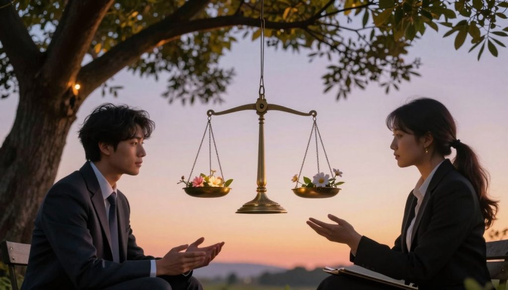 A harmonious, serene composition illustrating the personality traits of Libra, highlighting balance and diplomacy. In the foreground, two thoughtfully engaged individuals dressed in professional attire, one representing a diplomatic figure and the other a creative thinker, are exchanging ideas under a tree symbolizing growth and harmony. The middle ground features a beautifully set balance scale, delicately adorned with flowers, representing fairness and justice. In the background, a soft gradient sky transitions from twilight to dawn, symbolizing hope and new beginnings. The lighting is warm and inviting, with soft rays filtering through the branches, creating an ethereal glow. Capture a mood of tranquility and thoughtful reflection, emphasizing the essence of Libra's character traits such as peace, charm, and sociability.