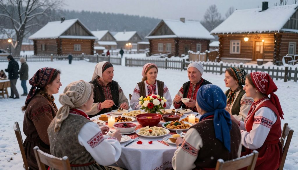 A historical scene depicting significant events that occurred on January 8th, with a focus on Ukrainian traditions and celebrations. In the foreground, there are modestly dressed individuals wearing traditional Ukrainian attire, engaged in a festive gathering, sharing stories and food. The middle ground showcases a table adorned with traditional Ukrainian dishes like borscht and varenyky, surrounded by candles and flowers, symbolizing warmth and hospitality. The background features a picturesque winter landscape, with gently falling snow and quaint wooden houses, illuminated by soft, golden light, creating a cozy atmosphere. The scene should evoke a sense of nostalgia and cultural pride, captured from a slightly elevated angle to encompass the entire composition harmoniously. A historical scene depicting significant events that occurred on January 8th, with a focus on Ukrainian traditions and celebrations. In the foreground, there are modestly dressed individuals wearing traditional Ukrainian attire, engaged in a festive gathering, sharing stories and food. The middle ground showcases a table adorned with traditional Ukrainian dishes like borscht and varenyky, surrounded by candles and flowers, symbolizing warmth and hospitality. The background features a picturesque winter landscape, with gently falling snow and quaint wooden houses, illuminated by soft, golden light, creating a cozy atmosphere. The scene should evoke a sense of nostalgia and cultural pride, captured from a slightly elevated angle to encompass the entire composition harmoniously.