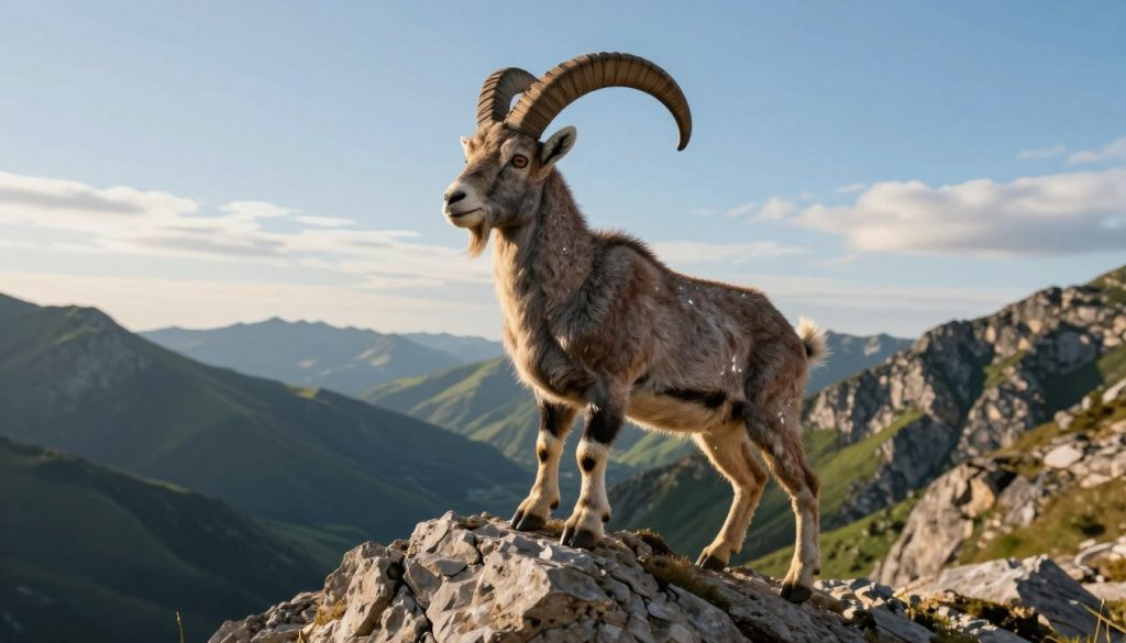 A majestic Capricorn symbol depicted as a mountain goat climbing a rocky terrain, showcasing its determination and strength. In the foreground, the goat is poised confidently on a craggy peak, its fur glistening under the soft, golden sunlight of a late afternoon. The middle ground features lush green valleys that contrast with the rugged mountains, symbolizing stability and ambition. The background displays a clear blue sky with a few wispy clouds, creating a tranquil yet inspiring atmosphere. Use a slightly low angle to emphasize the goat's upward climb, capturing the essence of resilience associated with the Capricorn zodiac. Overall, the image conveys a sense of determination, ambition, and the grounding nature of this earth sign. A majestic Capricorn symbol depicted as a mountain goat climbing a rocky terrain, showcasing its determination and strength. In the foreground, the goat is poised confidently on a craggy peak, its fur glistening under the soft, golden sunlight of a late afternoon. The middle ground features lush green valleys that contrast with the rugged mountains, symbolizing stability and ambition. The background displays a clear blue sky with a few wispy clouds, creating a tranquil yet inspiring atmosphere. Use a slightly low angle to emphasize the goat's upward climb, capturing the essence of resilience associated with the Capricorn zodiac. Overall, the image conveys a sense of determination, ambition, and the grounding nature of this earth sign.