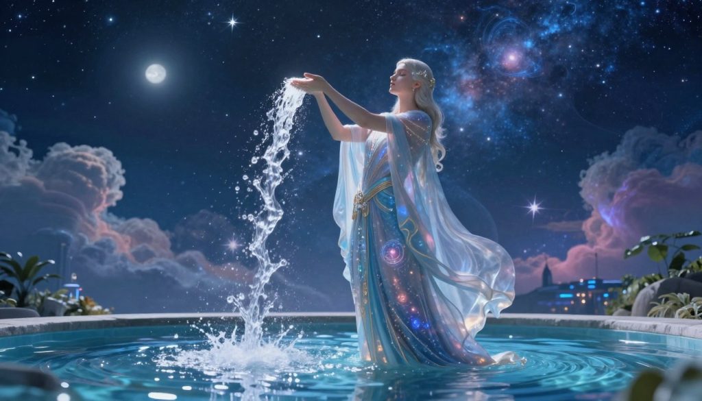 A mesmerizing representation of the Aquarius zodiac sign, showcasing an ethereal water bearer pouring streams of clear, glistening water into a serene, tranquil pool. In the foreground, the water bearer, adorned in flowing, celestial robes with intricate patterns reflecting innovation and independence, stands confidently. The middle ground features vibrant cosmic elements—stars, swirling clouds, and hints of futuristic cityscapes that suggest boundless creativity. In the background, a starry night sky casts a soft, mystical glow, with gentle moonlight illuminating the scene. The atmosphere evokes a sense of freedom and enlightenment, with a color palette of deep blues and silvers to enhance the otherworldly feel. Shot from a slightly low angle, capturing the majesty of the figure against the cosmos, emphasizing themes of innovation and independence without any text or distractions. A mesmerizing representation of the Aquarius zodiac sign, showcasing an ethereal water bearer pouring streams of clear, glistening water into a serene, tranquil pool. In the foreground, the water bearer, adorned in flowing, celestial robes with intricate patterns reflecting innovation and independence, stands confidently. The middle ground features vibrant cosmic elements—stars, swirling clouds, and hints of futuristic cityscapes that suggest boundless creativity. In the background, a starry night sky casts a soft, mystical glow, with gentle moonlight illuminating the scene. The atmosphere evokes a sense of freedom and enlightenment, with a color palette of deep blues and silvers to enhance the otherworldly feel. Shot from a slightly low angle, capturing the majesty of the figure against the cosmos, emphasizing themes of innovation and independence without any text or distractions.