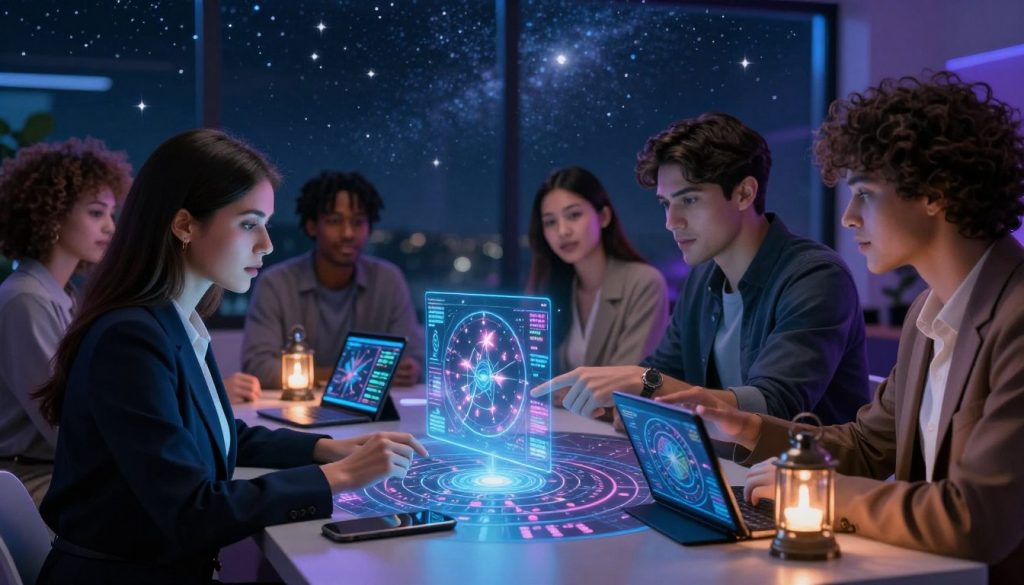 A modern astrology scene depicting a diverse group of individuals gathered around a sleek, high-tech table filled with astrological charts, tablets, and holographic displays. The foreground features a woman in professional business attire, analyzing a glowing astrological chart with focused intensity, while a man in smart casual clothing points to the data with fascination. In the background, a starry night sky visible through large windows creates a cosmic ambiance, emphasizing the connection between modern science and ancient astrology. Soft blue and purple lighting enhances the mystical atmosphere, while a warm glow from lanterns adds a comforting touch. Capture this collaborative and inquisitive environment, reflecting the contemporary interpretation and popularity of astrology in today's world.