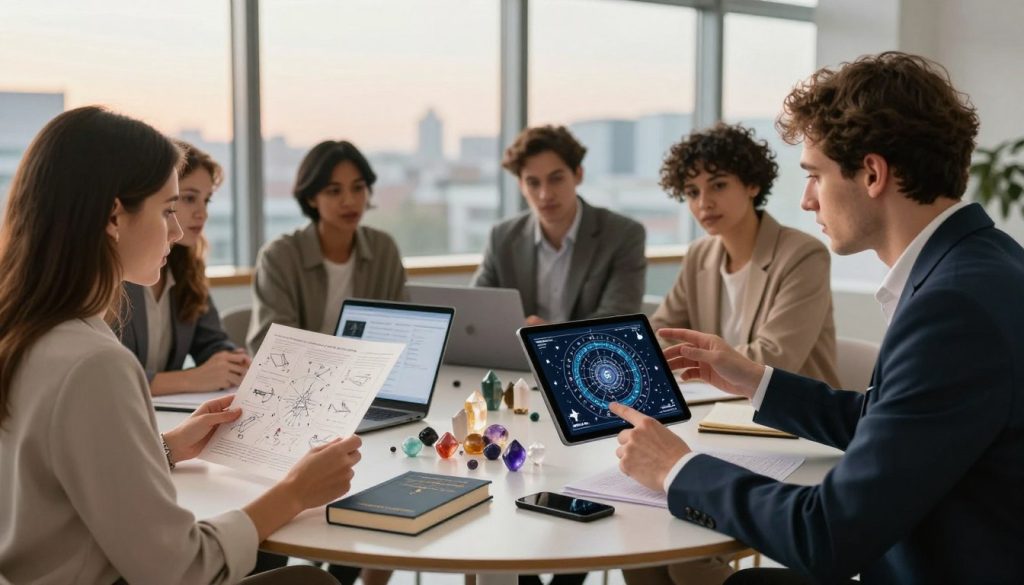 A modern workspace featuring a diverse group of individuals engaged in astrological discussions. In the foreground, a woman with long brown hair wearing professional attire reads an astrology chart, while a man in a tailored suit gestures towards a celestial map displayed on a sleek tablet. In the middle, a round table is cluttered with astrological books, crystal gemstones, and an open laptop showing horoscope software. The background is softly lit, with large windows revealing a cityscape at sunset, casting warm natural light over the scene. The atmosphere is collaborative and insightful, highlighting the relevance of astrology in contemporary life and its application in personal and professional contexts. The overall composition should evoke a sense of curiosity and exploration in astrology.