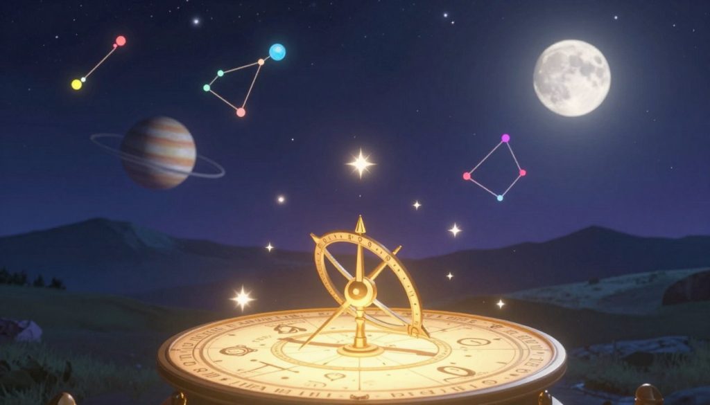 A mystical and ethereal scene depicting the astrological context of the day. In the foreground, a beautifully designed astrolabe glows softly, surrounded by twinkling stars and celestial symbols floating gently in the air. The middle ground features a serene night sky filled with vibrant constellations and planets, each radiating a unique color and energy. In the background, a silhouette of distant mountains under a deep indigo sky sets a tranquil ambiance. Soft, luminous moonlight spills down, creating an enchanting atmosphere. The overall mood is reflective and inspiring, perfect for capturing the essence of astrology. Use a soft focus lens to enhance the dreamlike quality, and ensure warm, inviting lighting without harsh contrasts.