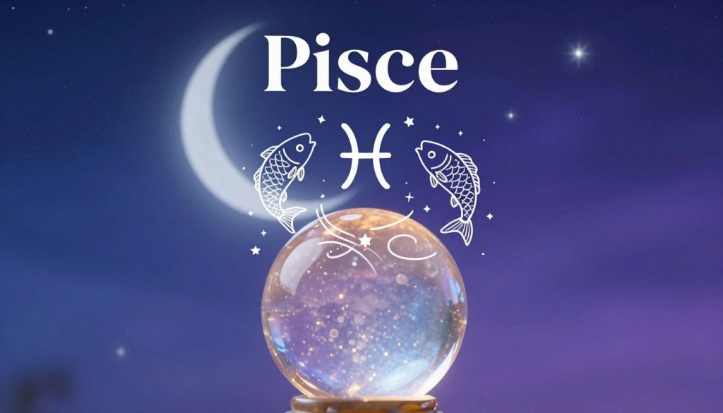 A mystical and serene depiction of tomorrow's horoscope for Pisces, featuring a celestial theme. In the foreground, show an elegant, translucent crystal orb glowing softly, symbolizing intuition and foresight. In the middle, incorporate symbols associated with Pisces, such as two fish, stars, and flowing water motifs, entwined in a harmonious dance. The background should present a starry night sky, illuminated by a crescent moon, creating a tranquil atmosphere. Soft blue and violet hues dominate the color palette, evoking a sense of calm and reflection. The lighting should be ethereal and gentle, casting a warm glow on the crystal orb, with a shallow depth of field to emphasize the foreground. Overall, the image conveys a sense of hope and guidance for those seeking insight into their tomorrow.