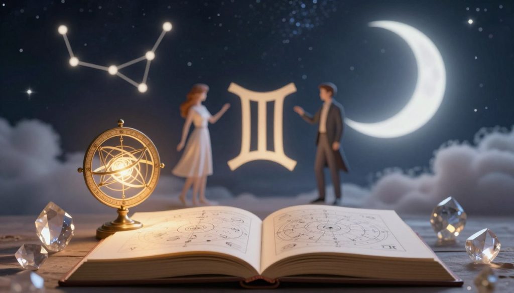 A mystical astrology scene depicting the weekly horoscope for Gemini. In the foreground, an elegant open book with shimmering pages reveals astrological symbols and celestial charts. A glowing astrolabe sits beside it, surrounded by crystal stones that reflect soft, ambient light. In the middle, a starry night sky filled with constellations encapsulates the essence of Gemini, represented by two graceful figures symbolizing duality, dressed in modest and professional attire. The background features ethereal clouds and a radiant crescent moon, casting a gentle luminescence over the entire scene. The atmosphere is serene and contemplative, inviting viewers to delve into the mysteries of astrology. The lighting is warm and inviting, with a slightly blurred bokeh effect to draw focus to the central elements.