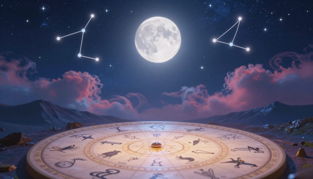 A mystical January astrological scene depicting the celestial influences of the month. In the foreground, a detailed zodiac wheel with twelve signs, softly illuminated by gentle, ethereal light. The mid-ground features a serene night sky filled with vibrant constellations, twinkling stars, and a large, glowing full moon that casts a cool, silvery light. Wisps of vibrant clouds swirl around, adding depth and intrigue. In the background, subtle silhouettes of mountains under a starry canopy enhance the sense of wonder. The overall mood is tranquil and introspective, inviting the viewer to reflect on their astrological journey. Use soft focus and a wide-angle lens to capture the expansive sky, maintaining a harmonious blend of colors that evoke calmness and insight.