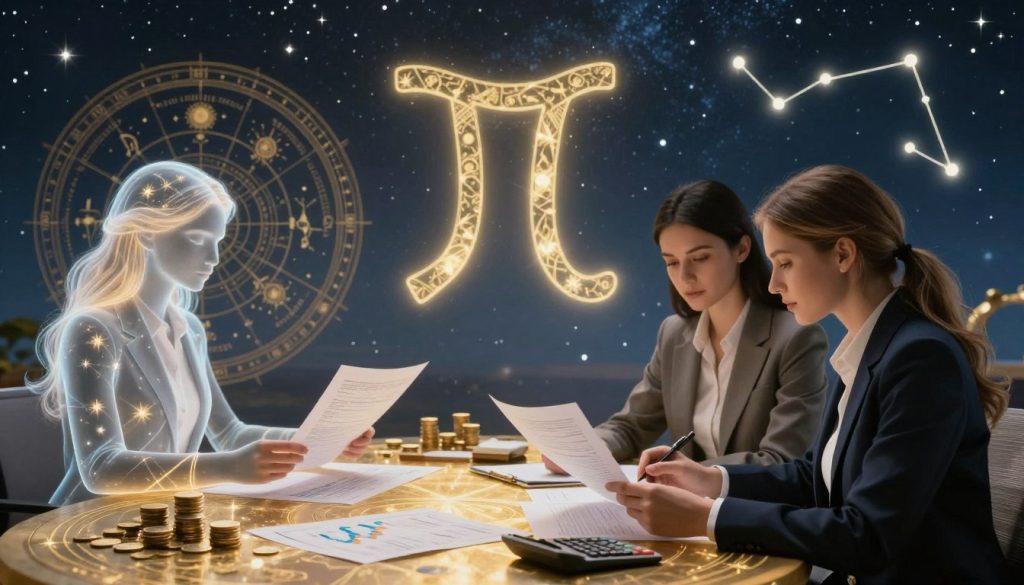A mystical representation of financial planning for Gemini, featuring the Gemini zodiac symbol intertwined with imagery of astrological charts and financial elements like coins, graphs, and calculators. In the foreground, two ethereal figures represent the Gemini twins, dressed in professional business attire, thoughtfully analyzing financial documents together. The middle ground showcases a celestial-themed table covered with astrological star maps and financial reports, bathed in soft gold lighting that symbolizes prosperity and harmony. The background includes a vast, night sky filled with twinkling stars and the constellation of Gemini, emitting an aura of cosmic wisdom. The overall mood is aspirational and insightful, evoking a sense of balance between celestial guidance and practical financial decision-making.