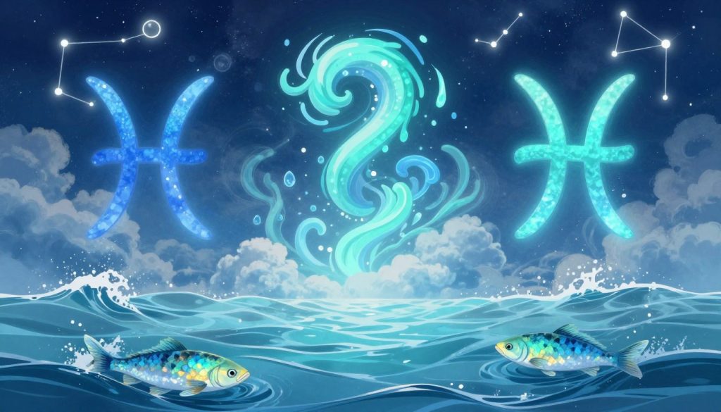 A mystical representation of the zodiac signs Aquarius and Pisces, blending their astrological themes. In the foreground, depict a serene water scene with flowing streams and gentle waves, symbolizing Pisces, with shimmering fish swimming gracefully. In the middle ground, illustrate an abstract depiction of Aquarius, featuring vibrant blue and aqua colors, with swirling clouds and droplets resembling water, signifying innovation and intuition. The background should include a starlit sky with constellations of both signs, creating a magical atmosphere. Soft, ethereal lighting should permeate the scene, evoking a sense of calm and hope. The overall mood should be one of harmony and connection, inviting viewers to contemplate their future.