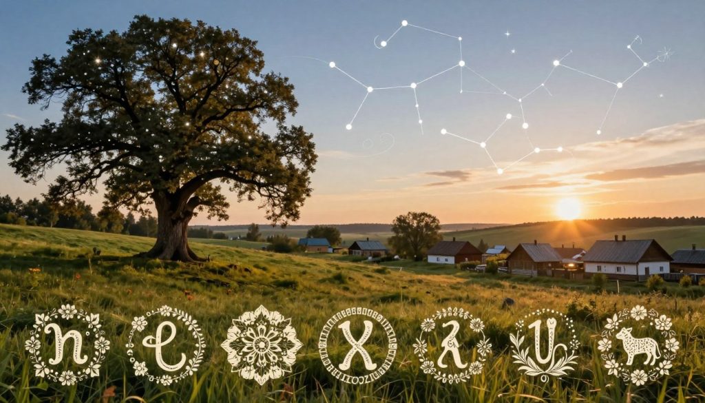 A mystical representation of Ukrainian astrology, showcasing the twelve zodiac signs artistically integrated into a traditional Ukrainian landscape. In the foreground, intricate designs of each zodiac sign are woven into floral patterns inspired by Ukrainian folk art, representing the unique qualities of each sign. The middle ground features a serene, rolling landscape with ancient oak trees and a clear sky, adorned with swirling constellations, reflecting the connection between the earth and the cosmos. The background includes traditional Ukrainian village houses under a soft, golden sunset, casting gentle light across the scene. The atmosphere should evoke a sense of wonder and harmony with nature, while emphasizing the rich cultural heritage of Ukrainian astrology. Use warm, inviting colors that enhance the mystical vibe of the composition.