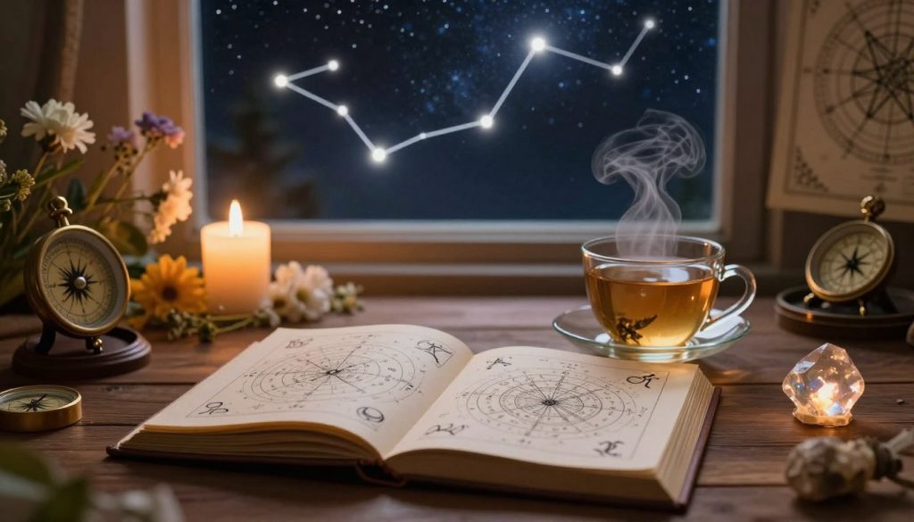 A mystical scene showcasing an astrological analysis for the day. In the foreground, a beautifully arranged wooden table with an open astrology book displaying celestial charts and zodiac symbols. Beside it, a steaming cup of herbal tea and a glowing crystal, casting gentle reflections. The middle ground features a softly lit candle surrounded by fresh flowers, enhancing the mystical atmosphere. In the background, a starry night sky is visible through a large window, with constellations twinkling brightly. Warm, ambient lighting creates a serene and inviting mood, while hints of astrological tools, like a compass and star maps, subtly integrated, suggest a thoughtful exploration of today’s horoscope. The focus is on clarity and tranquility, enhancing the theme of personal reflection and guidance. A mystical scene showcasing an astrological analysis for the day. In the foreground, a beautifully arranged wooden table with an open astrology book displaying celestial charts and zodiac symbols. Beside it, a steaming cup of herbal tea and a glowing crystal, casting gentle reflections. The middle ground features a softly lit candle surrounded by fresh flowers, enhancing the mystical atmosphere. In the background, a starry night sky is visible through a large window, with constellations twinkling brightly. Warm, ambient lighting creates a serene and inviting mood, while hints of astrological tools, like a compass and star maps, subtly integrated, suggest a thoughtful exploration of today’s horoscope. The focus is on clarity and tranquility, enhancing the theme of personal reflection and guidance.