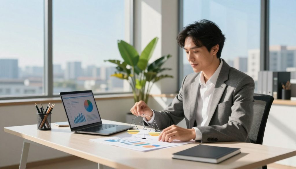 A professional workspace themed around Libra traits, featuring a clean, modern office with large windows allowing natural light to flood in, casting soft shadows. In the foreground, a confident individual in smart business attire sits at a stylish desk, analyzing financial charts and astrological symbols that represent balance. The middle ground includes a lively plant and a polished laptop displaying graphs. The background reveals a serene cityscape, symbolizing prosperity and growth, under a clear blue sky. The overall mood is optimistic and focused, highlighting the connection between work and finances. Use soft, warm lighting to evoke a sense of positivity and potential. A professional workspace themed around Libra traits, featuring a clean, modern office with large windows allowing natural light to flood in, casting soft shadows. In the foreground, a confident individual in smart business attire sits at a stylish desk, analyzing financial charts and astrological symbols that represent balance. The middle ground includes a lively plant and a polished laptop displaying graphs. The background reveals a serene cityscape, symbolizing prosperity and growth, under a clear blue sky. The overall mood is optimistic and focused, highlighting the connection between work and finances. Use soft, warm lighting to evoke a sense of positivity and potential.