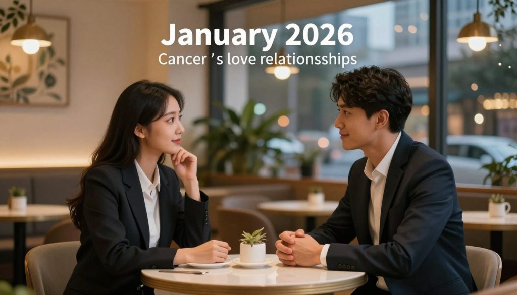 A serene and atmospheric depiction of a couple symbolizing the emotional depth of Cancer's love relationships in January 2026. In the foreground, portray two individuals dressed in professional business attire, seated at a cozy café table, engaged in a thoughtful conversation. Their expressions should reflect intimacy and understanding, with soft smiles and gentle eye contact. In the middle, the café environment features warm lighting, with plants and artistic decorations creating a welcoming atmosphere. The background softly fades into a dreamy cityscape at dusk, with twinkling lights suggesting a vibrant life ahead, hinting at the hopeful future of career prospects. The overall mood should be warm, romantic, and positive, emphasizing connections and aspirations for love and career growth.