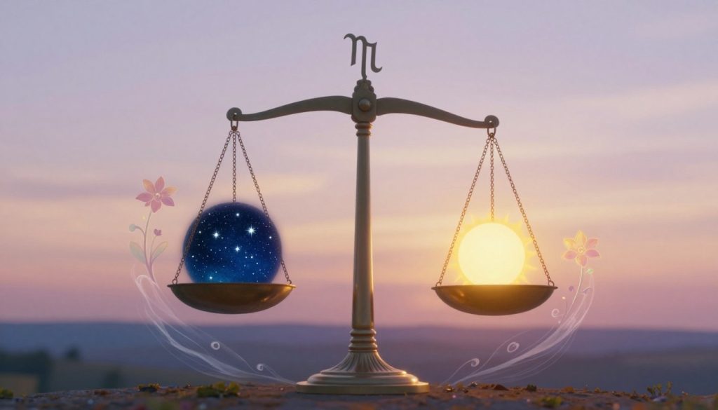 A serene and balanced depiction of Libra (Tерезів) represented by the zodiac symbol, featuring two elegant scales positioned prominently in the foreground. One side of the scale holds a starry night sky with shimmering stars, while the other side showcases a bright morning sun. Surrounding the scales are ethereal, flowing symbols of harmony and balance, such as blooming flowers and gentle water currents. In the middle background, a tranquil landscape unfolds with a soft, pastel-colored sky transitioning from night to day, embodying duality and equilibrium. The lighting is warm and gentle, casting a soothing glow across the scene. The mood is peaceful and reflective, encouraging a sense of calm and introspection, suited for astrological insights.