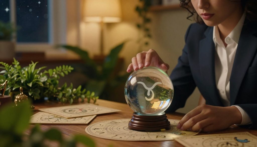 A serene and contemplative scene depicting a Taurus individual gazing thoughtfully into a crystal ball, symbolizing their personal horoscope for tomorrow. In the foreground, the Taurus figure, a person in professional business attire, is focused on the ball, surrounded by astrological symbols like Taurus and the planet Venus. The middle ground features lush greenery and astrological charts scattered across a wooden table, hinting at nature and creativity. In the background, a cozy, softly lit room with warm golden hues and a window revealing a starry night sky creates an inviting atmosphere. Soft, diffused lighting casts gentle shadows, enhancing the mystical feel, while the lens captures an intimate angle that emphasizes the figure's reflection and curiosity.