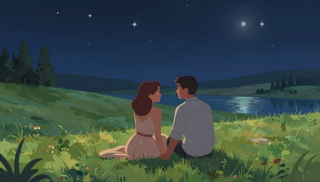 A serene and enchanting illustration depicting love and relationships for the Scorpio zodiac sign. In the foreground, a couple sits closely together on a lush, green hillside, gazing into each other's eyes, embodying emotional connection and intimacy. The woman wears a flowing, elegant dress while the man is dressed in smart casual attire. In the middle, a night sky sparkles with stars, subtly hinting at the intensity and mystery associated with Scorpios. The background features a soft, moonlit landscape with silhouettes of trees and a calm lake reflecting the starlight. The lighting is soft and warm, creating a romantic and inviting atmosphere, suggesting depth and passion in love.