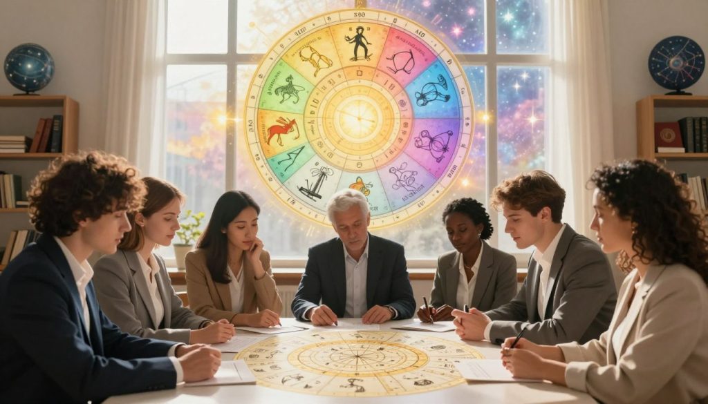 A serene and enlightening scene to illustrate the practical tips for determining zodiac signs. In the foreground, a diverse group of individuals, dressed in professional attire, are gathered around a circular table, studying zodiac charts and astrological symbols. They appear engaged and animated, discussing their findings. The middle ground features a beautifully illustrated zodiac wheel, with radiant, colorful representations of each sign. The background showcases a soft, heavenly light streaming through large windows, creating a calming and mystical atmosphere. Incorporate hints of astrological books and celestial decor on the shelves to enhance the theme. The mood is collaborative and introspective, inviting the viewer to explore the mysteries of their zodiac sign. Use a warm color palette to evoke a sense of connection and discovery. A serene and enlightening scene to illustrate the practical tips for determining zodiac signs. In the foreground, a diverse group of individuals, dressed in professional attire, are gathered around a circular table, studying zodiac charts and astrological symbols. They appear engaged and animated, discussing their findings. The middle ground features a beautifully illustrated zodiac wheel, with radiant, colorful representations of each sign. The background showcases a soft, heavenly light streaming through large windows, creating a calming and mystical atmosphere. Incorporate hints of astrological books and celestial decor on the shelves to enhance the theme. The mood is collaborative and introspective, inviting the viewer to explore the mysteries of their zodiac sign. Use a warm color palette to evoke a sense of connection and discovery.