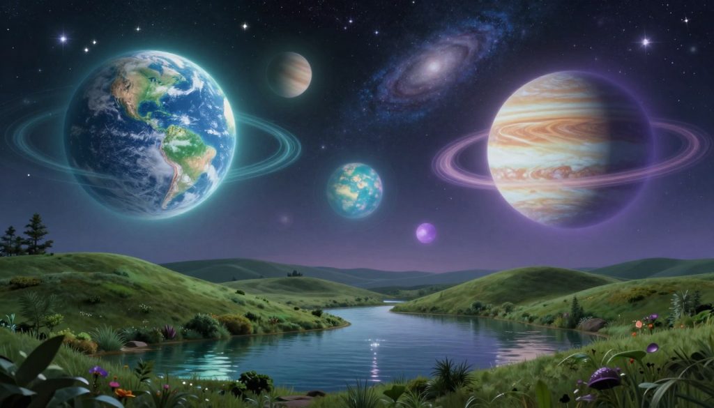 A serene and harmonious cosmic landscape depicting the energy of planets ideal for relaxation. In the foreground, a tranquil oasis with soft, rolling hills covered in lush greenery, with gentle waters reflecting starlight. In the middle ground, glowing planets in various sizes — Earth, Venus, and Jupiter — radiate a spectrum of calming colors like soft blues, greens, and purples. The planets are interconnected by shimmering energy lines that evoke a sense of balance and peace. In the background, a soft cosmic sky filled with twinkling stars and distant galaxies creates an otherworldly atmosphere. The lighting is soft and diffused, emulating a tranquil twilight. This image encapsulates a peaceful and rejuvenating celestial experience.